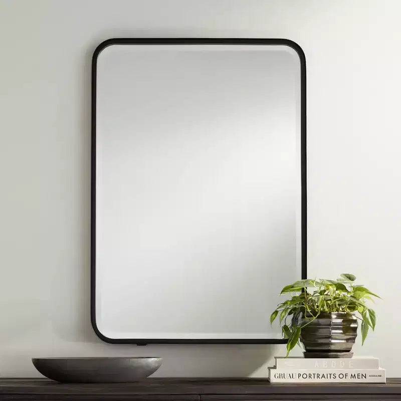 Espejo de pared rectangular con bordes redondeados para tocador - Marco de hierro negro biselado, 24"