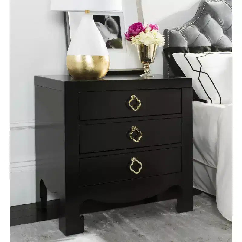 Comodino a 3 cassetti con curve di ispirazione asiatica - Finitura nera