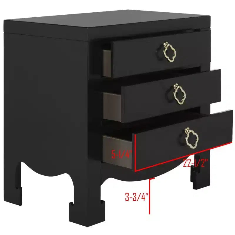 Comodino a 3 cassetti con curve di ispirazione asiatica - Finitura nera