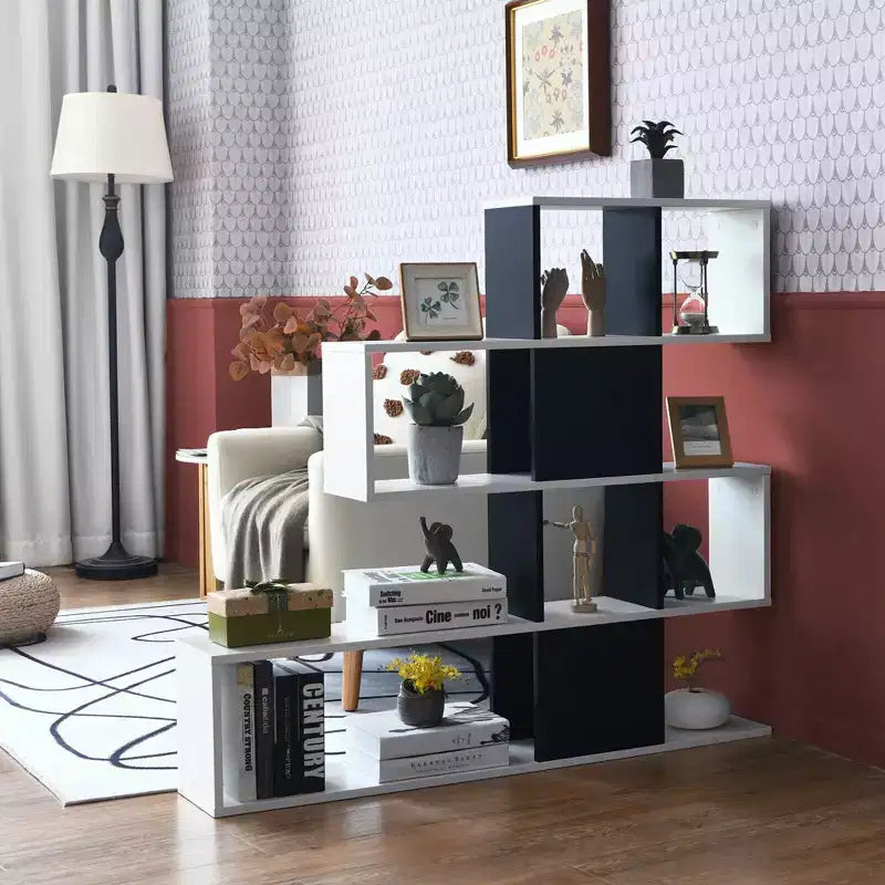 Scaffale ad angolo a scaletta a 5 ripiani - Mobile contenitore espositivo, Nero e Bianco