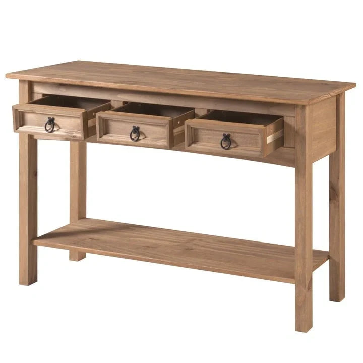 Mesa Consola de Pasillo Rústica de Pino Macizo, Blanqueado / Marrón Antiguo / Lavado Gris / Sin Pintar, 3 Cajones