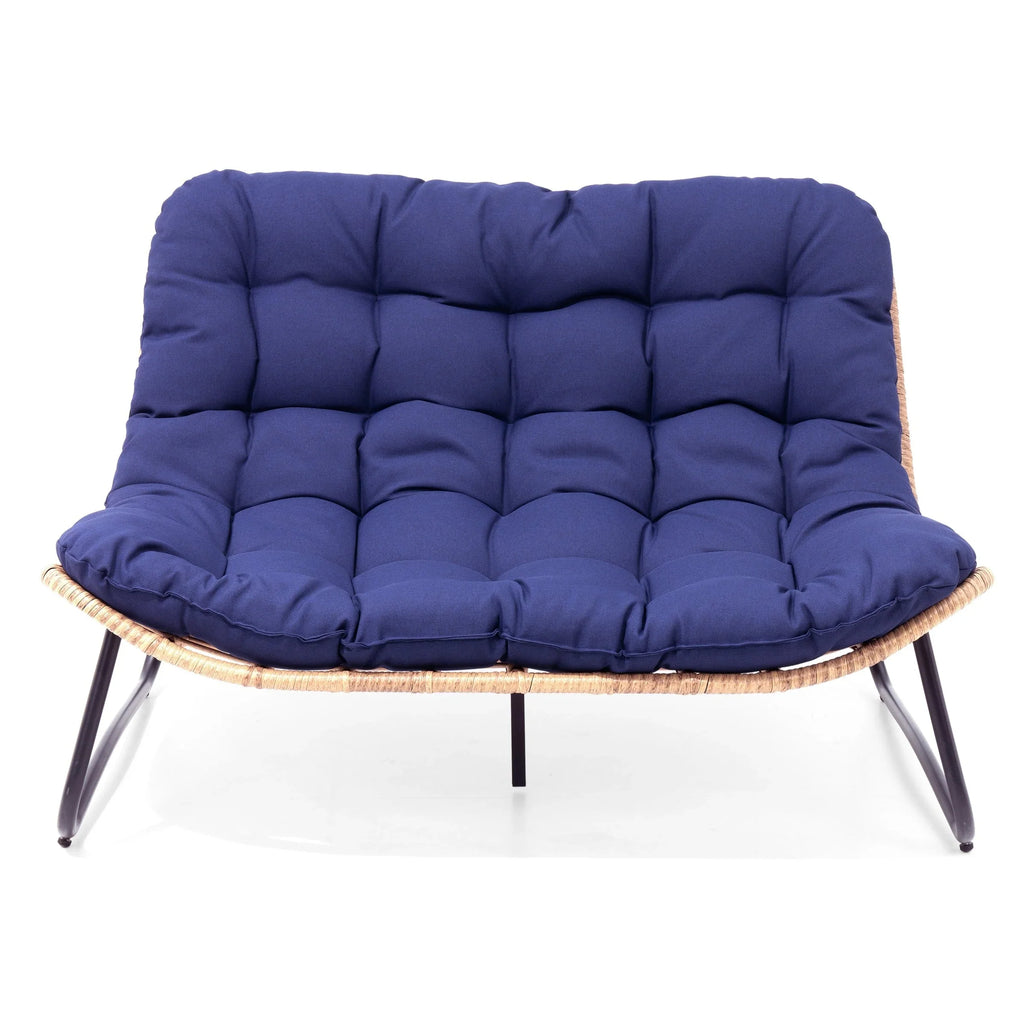 Sofá biplaza doble Papasan con cojín, ratán PE para todo tipo de clima y estructura metálica para interior/exterior
