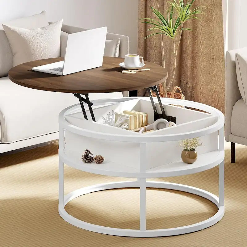 Mesa de centro redonda elevable Moasis Farmhouse con almacenamiento oculto y estante