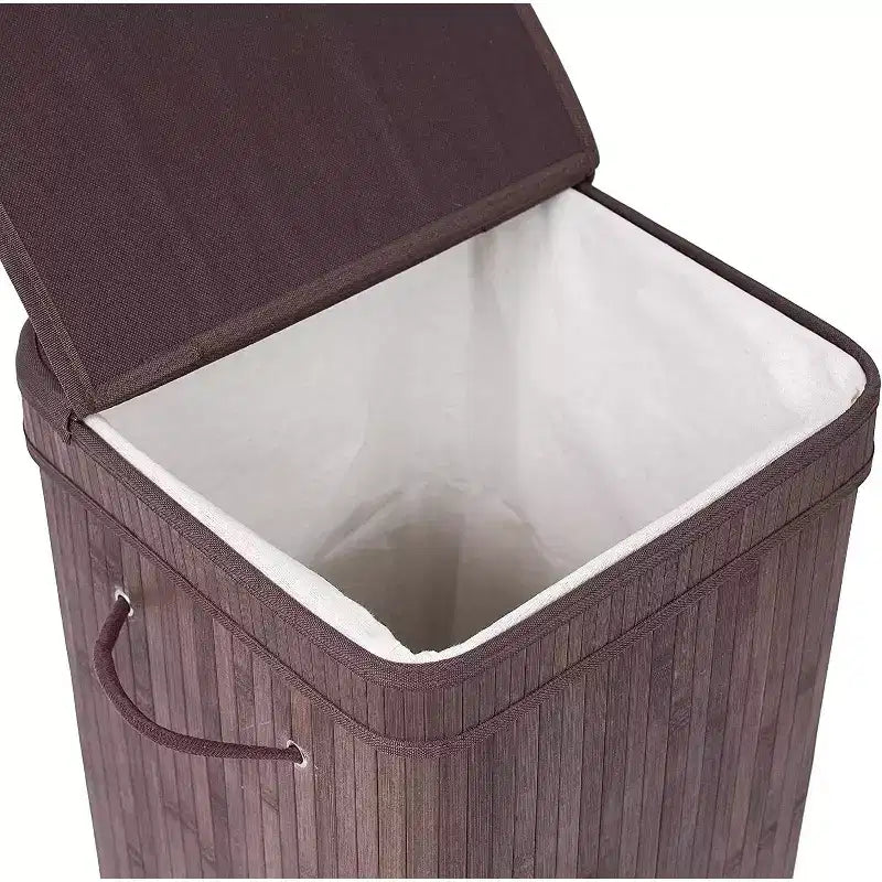 Cesto Portabiancheria Quadrato in Bambù con Coperchio e Fodera in Tessuto - Espresso