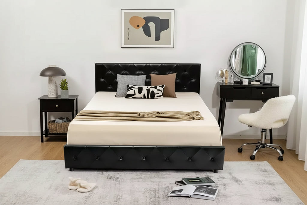 Costway Upholstered Platform Bed w/ 4 Drawers PU Leather Button Tufted Headboard