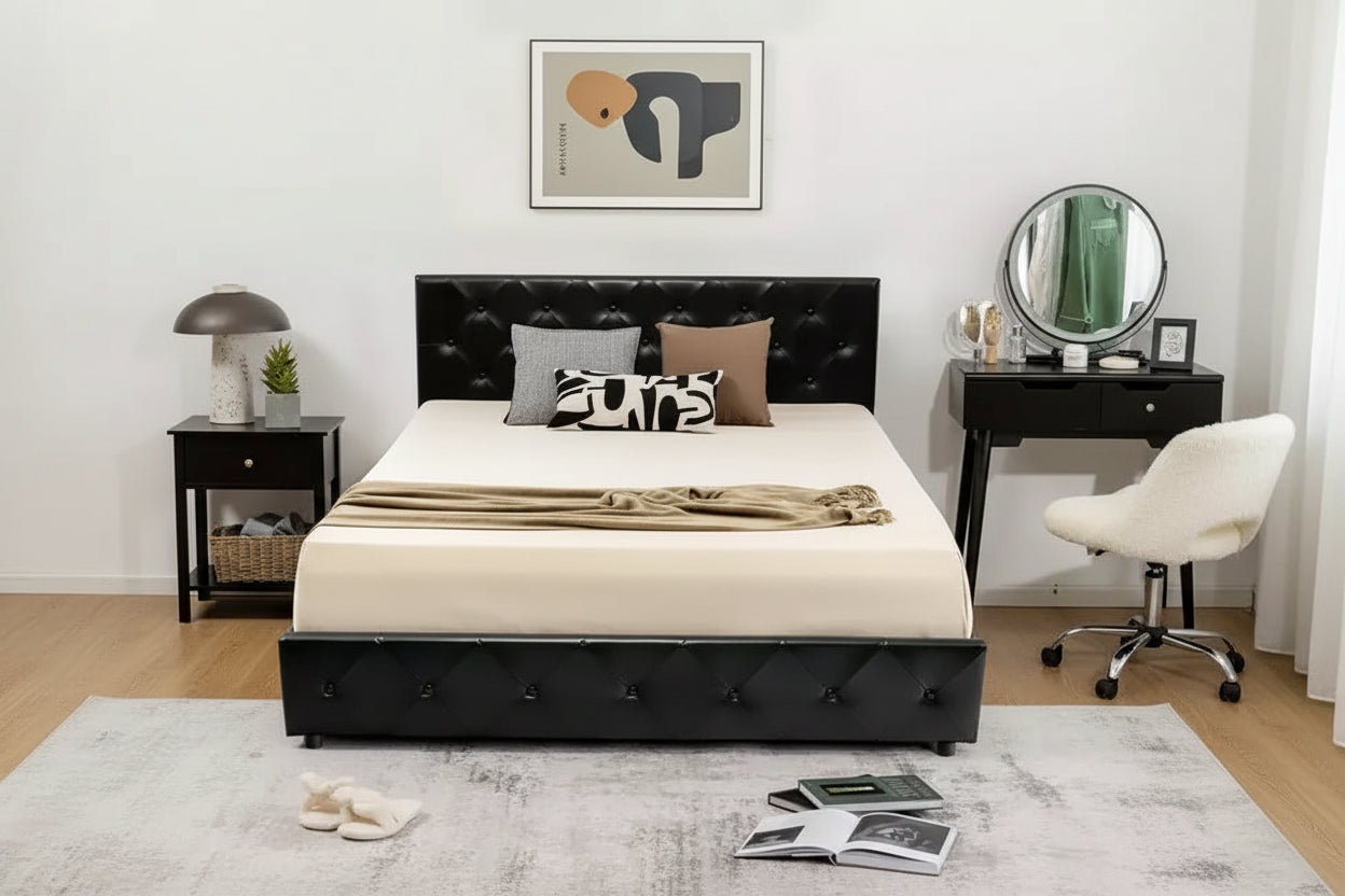 Costway Upholstered Platform Bed w/ 4 Drawers PU Leather Button Tufted Headboard