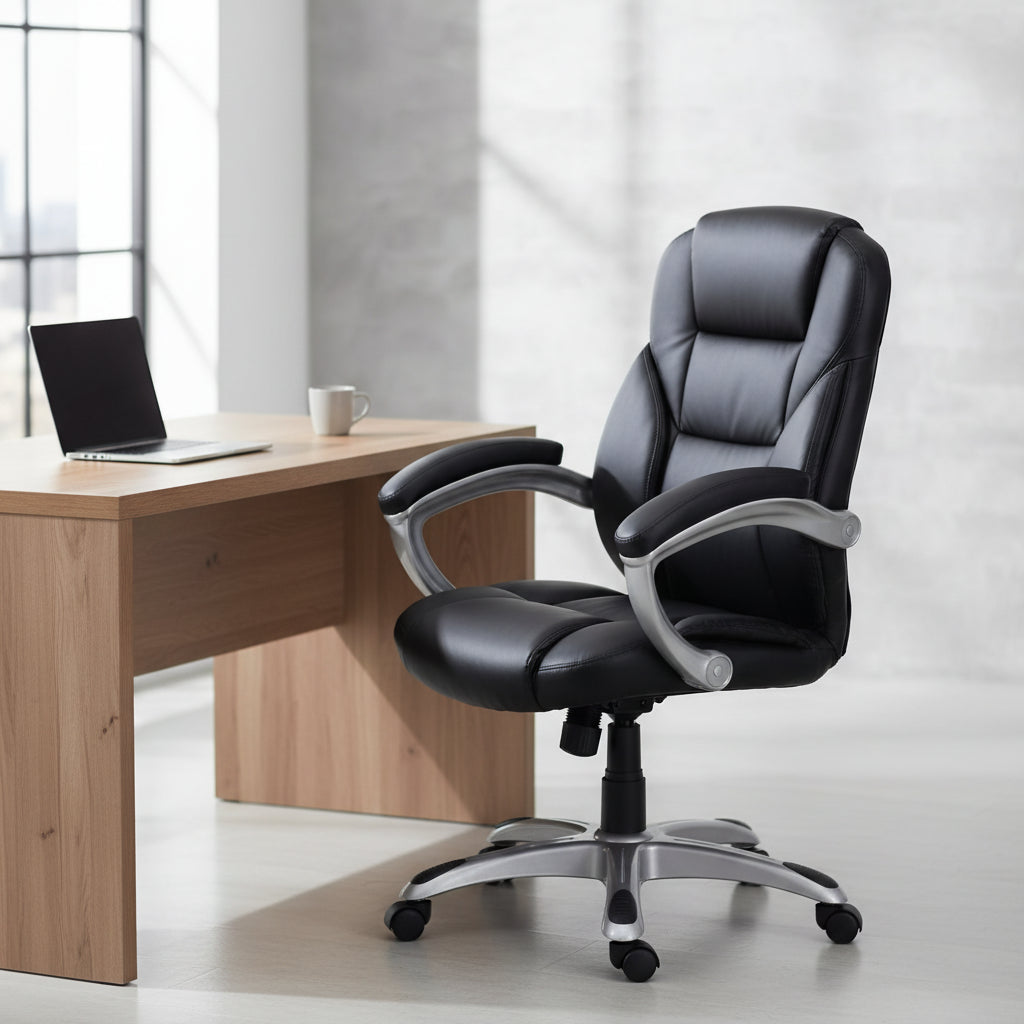 Sedia da ufficio ergonomica direzionale con schienale alto e base e braccioli in nylon argentato