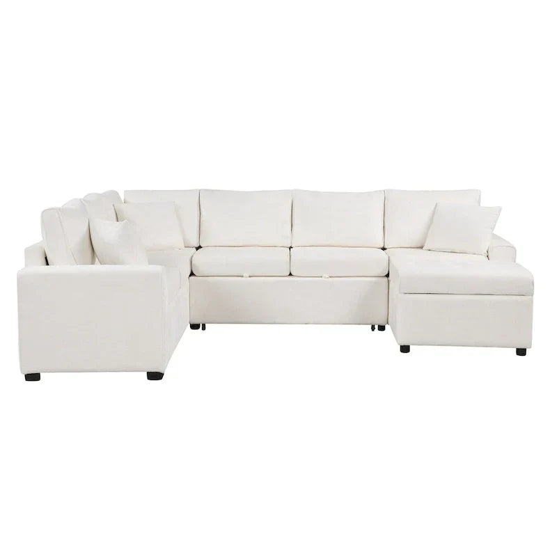 Sofá seccional de chenilla con sofá cama extraíble, sofá cama en forma de L con otomana de almacenamiento, 3 almohadas y dispositivos de carga