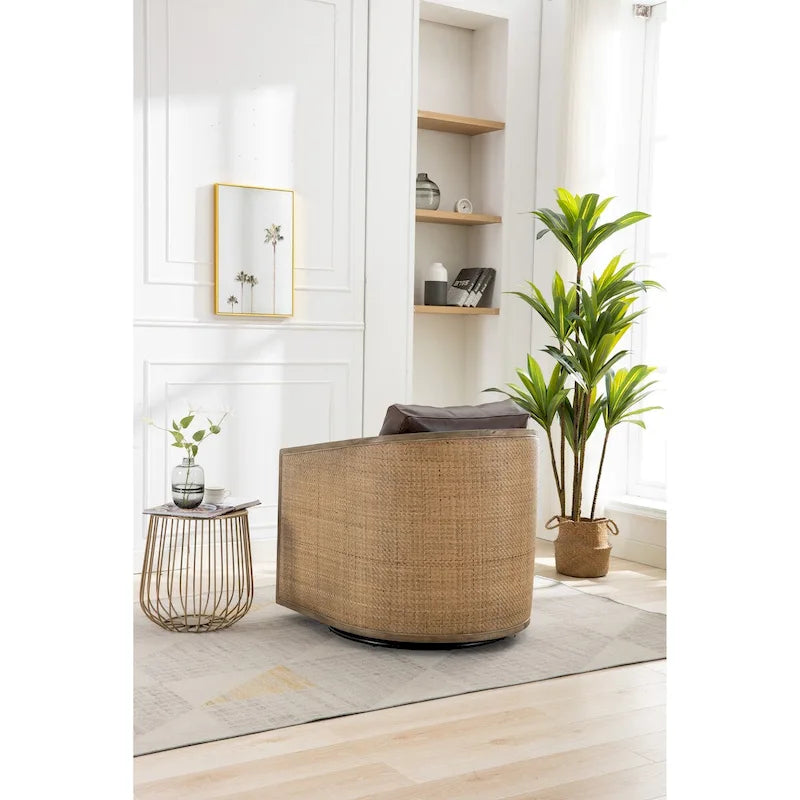 Sillón Giratorio de Barril, Cómodo Sillón Redondo Decorativo, Sillón Club Giratorio de Barril de 360 Grados, Sillón de Ocio con Estructura Tejida de Ratán