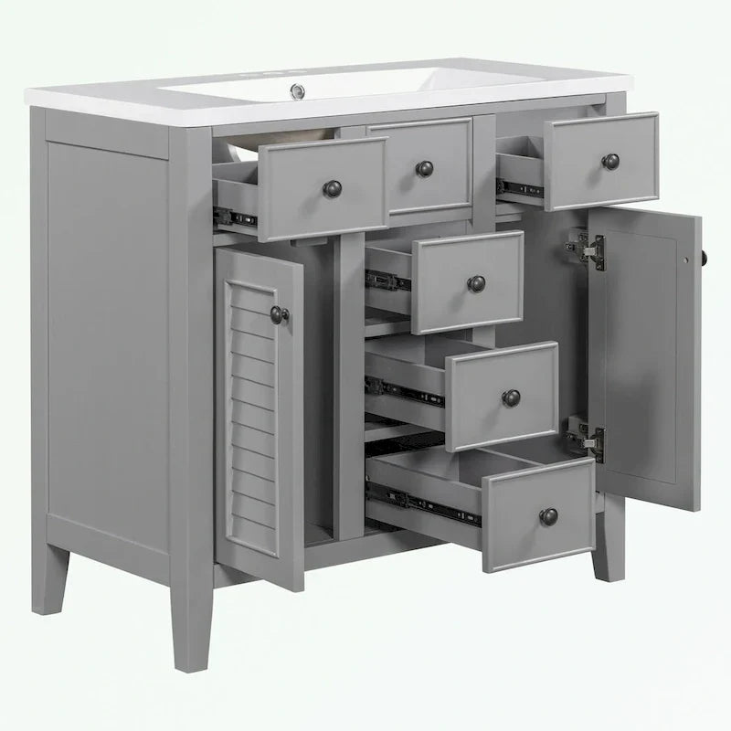 Mueble de baño con lavabo cerámico, dos armarios y cinco cajones