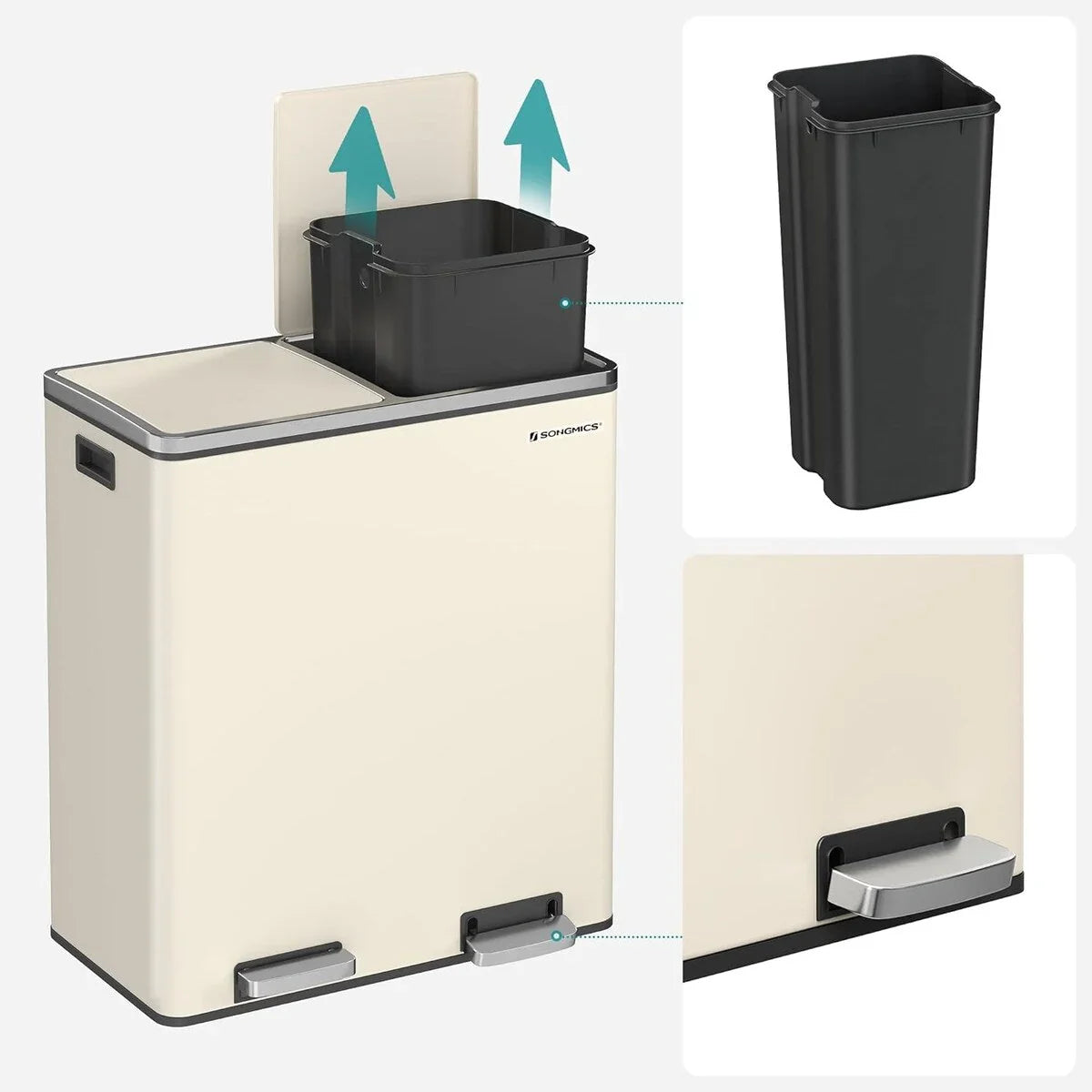 SONGMICS Cubo de Basura Doble, Bote de Basura de Acero Inoxidable de 60 Litros, Almendra