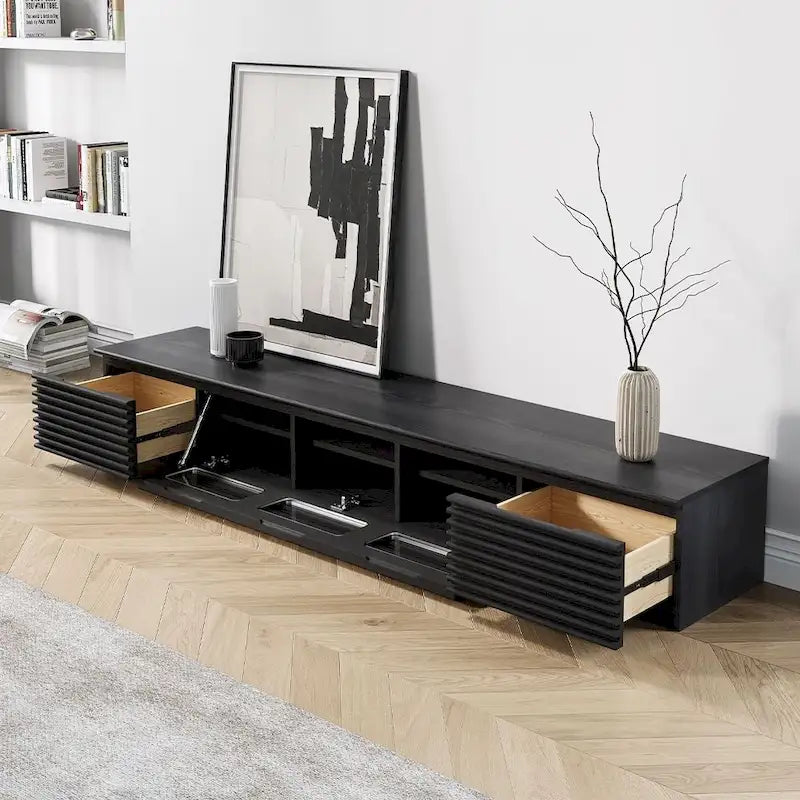 Mueble de TV Minimalista con CajonesMueble de TV de Madera Maciza con Armarios, Puerta Abatible, Chapa de Nogal, Completamente Ensamblado