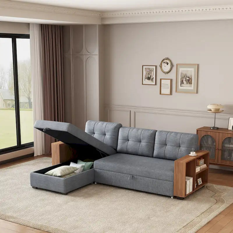Sofá seccional convertible con cama extraíble y chaise longue con almacenaje oculto