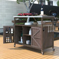 Isla de cocina exterior, carrito de bar con ruedas y armario de almacenamiento, mesa de parrilla de madera maciza con parte superior de acero inoxidable, especiero, toallero