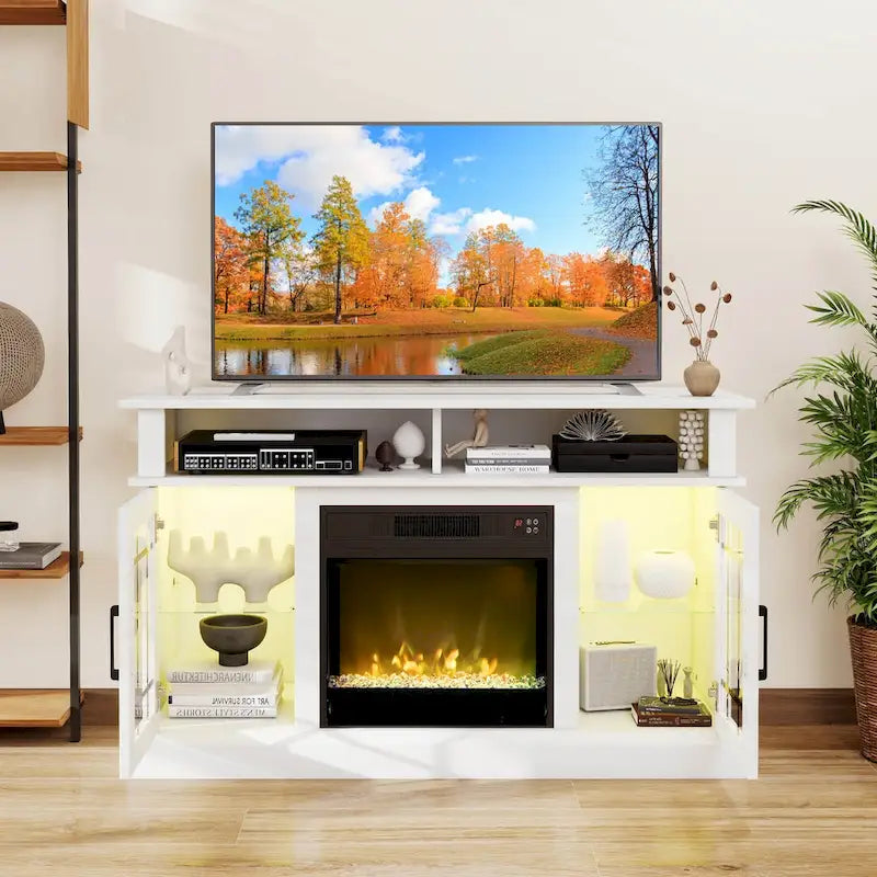 Mueble para TV con chimenea eléctrica, luces LED y mandos a distancia