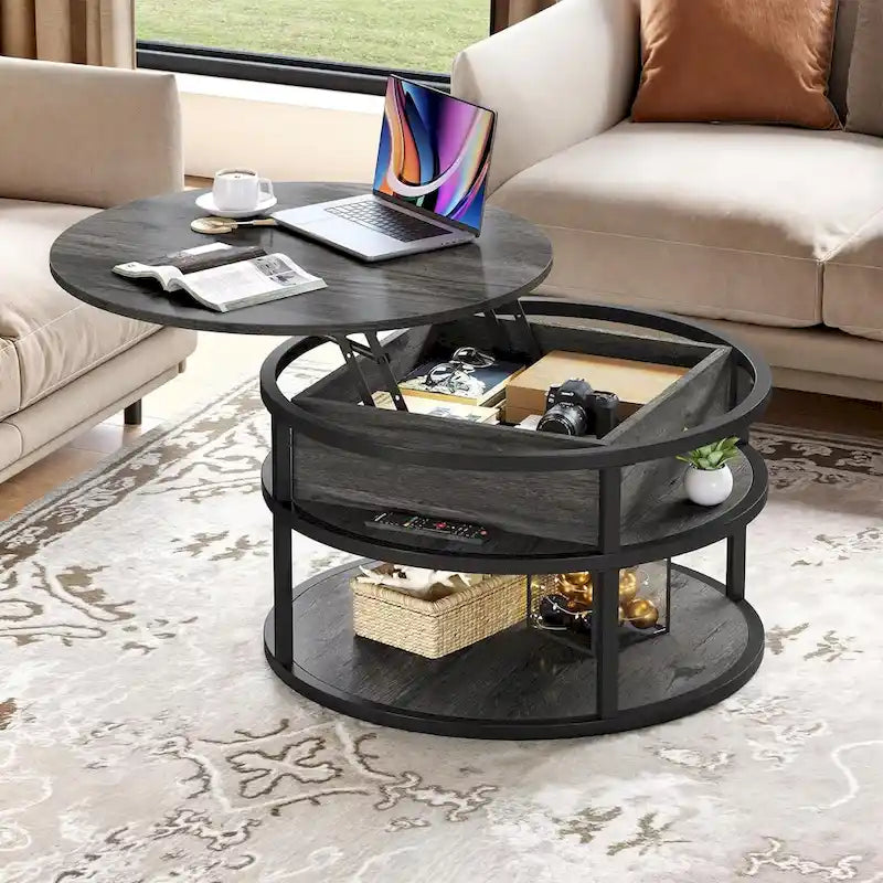 Mesa de centro redonda elevable Moasis Farmhouse con almacenamiento oculto y estante