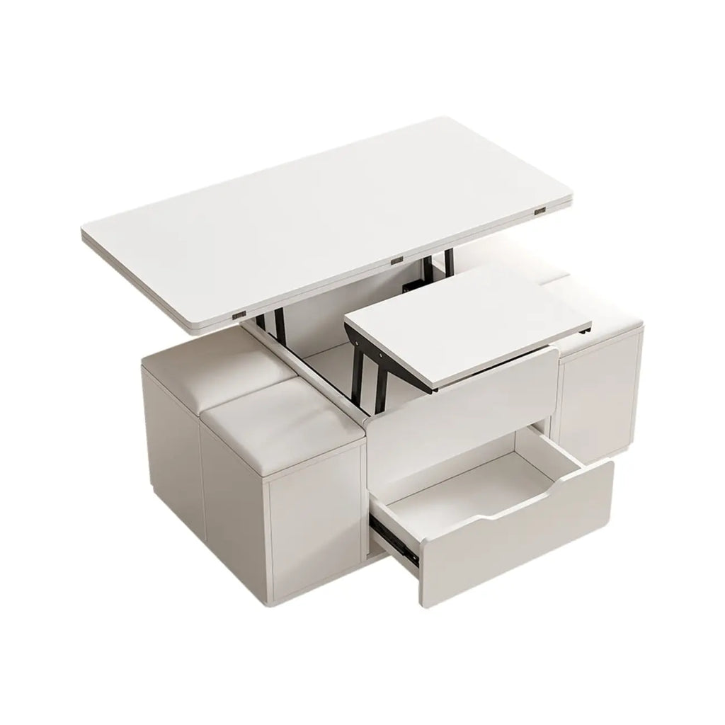 Mesa de centro elevable y plegable con 4 taburetes y almacenamiento