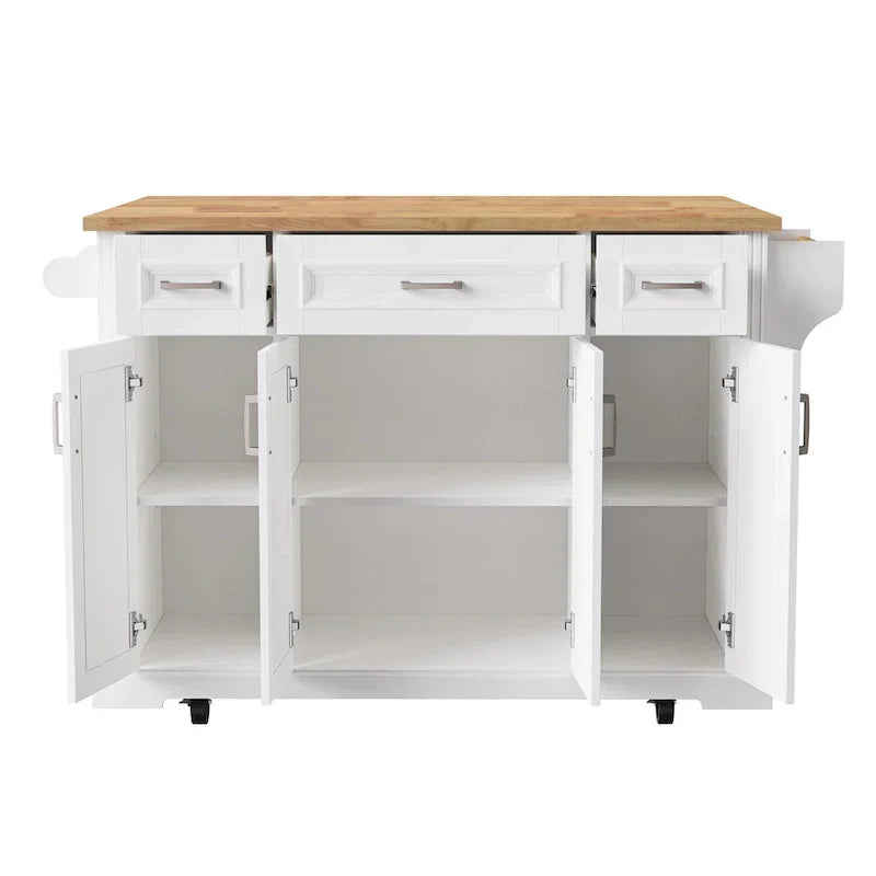 Isla de cocina grande con hoja abatible de madera, carrito de cocina con textura en relieve, puertas y cajones con almacenamiento para cocina, blanco