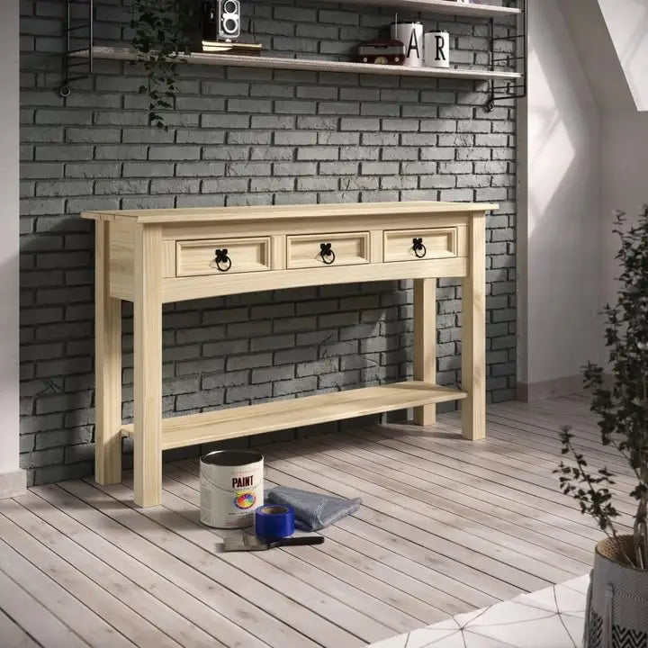 Mesa Consola de Pasillo Rústica de Pino Macizo, Blanqueado / Marrón Antiguo / Lavado Gris / Sin Pintar, 3 Cajones