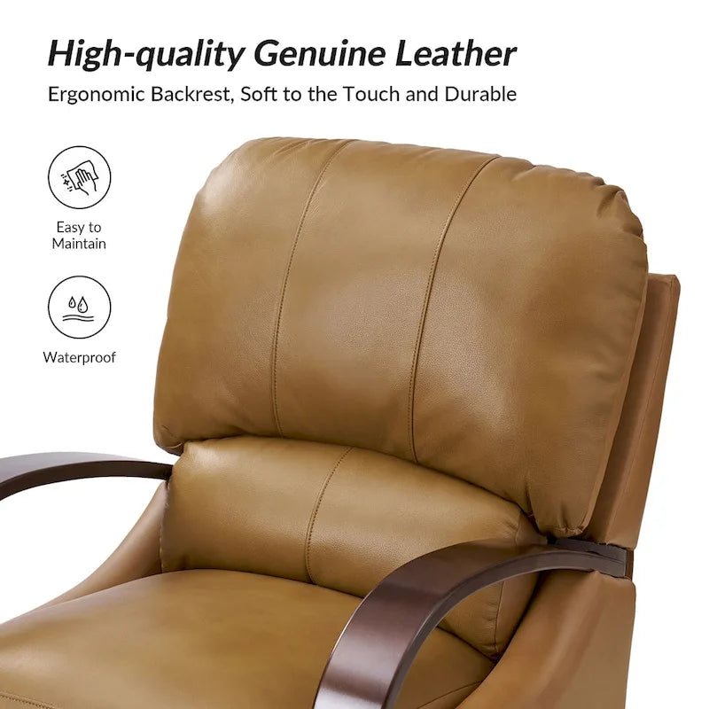 Sofá reclinable manual Alex Mid-century Modern Cigar de cuero genuino con brazos curvos de madera