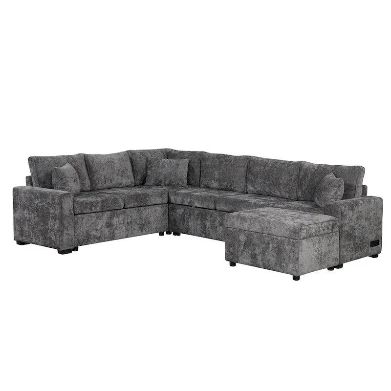 Sofá seccional de chenilla con sofá cama extraíble, sofá cama en forma de L con otomana de almacenamiento, 3 almohadas y dispositivos de carga