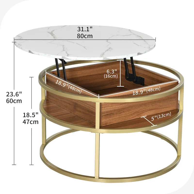 Mesa de centro redonda elevable extensible con almacenamiento oculto