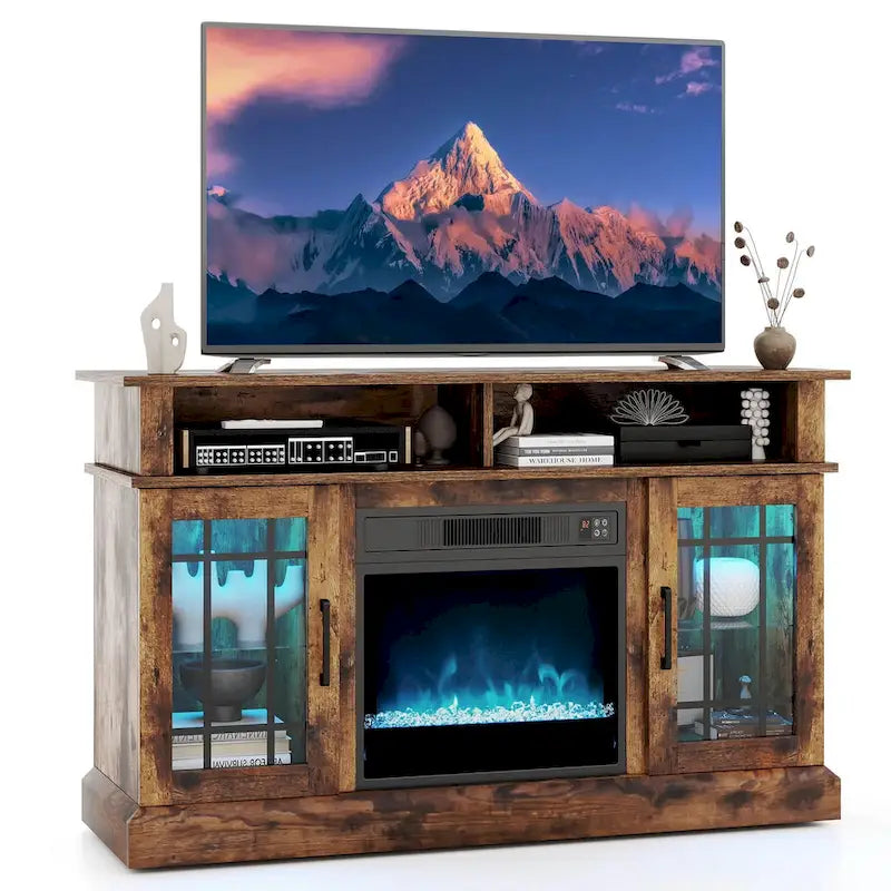 Mueble para TV con chimenea eléctrica, luces LED y mandos a distancia