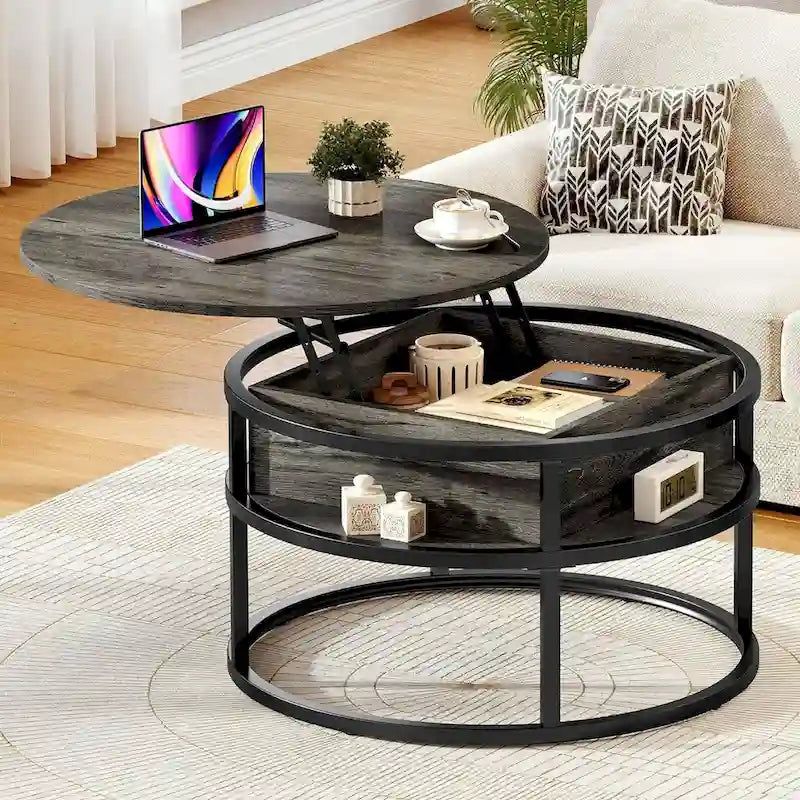 Mesa de centro redonda elevable extensible con almacenamiento oculto