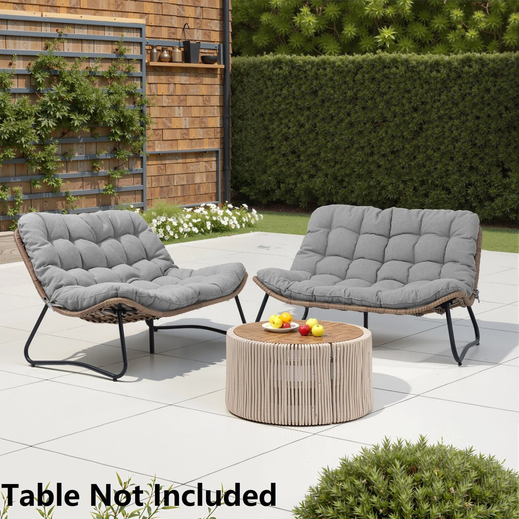 Sofá biplaza doble Papasan con cojín, ratán PE para todo tipo de clima y estructura metálica para interior/exterior