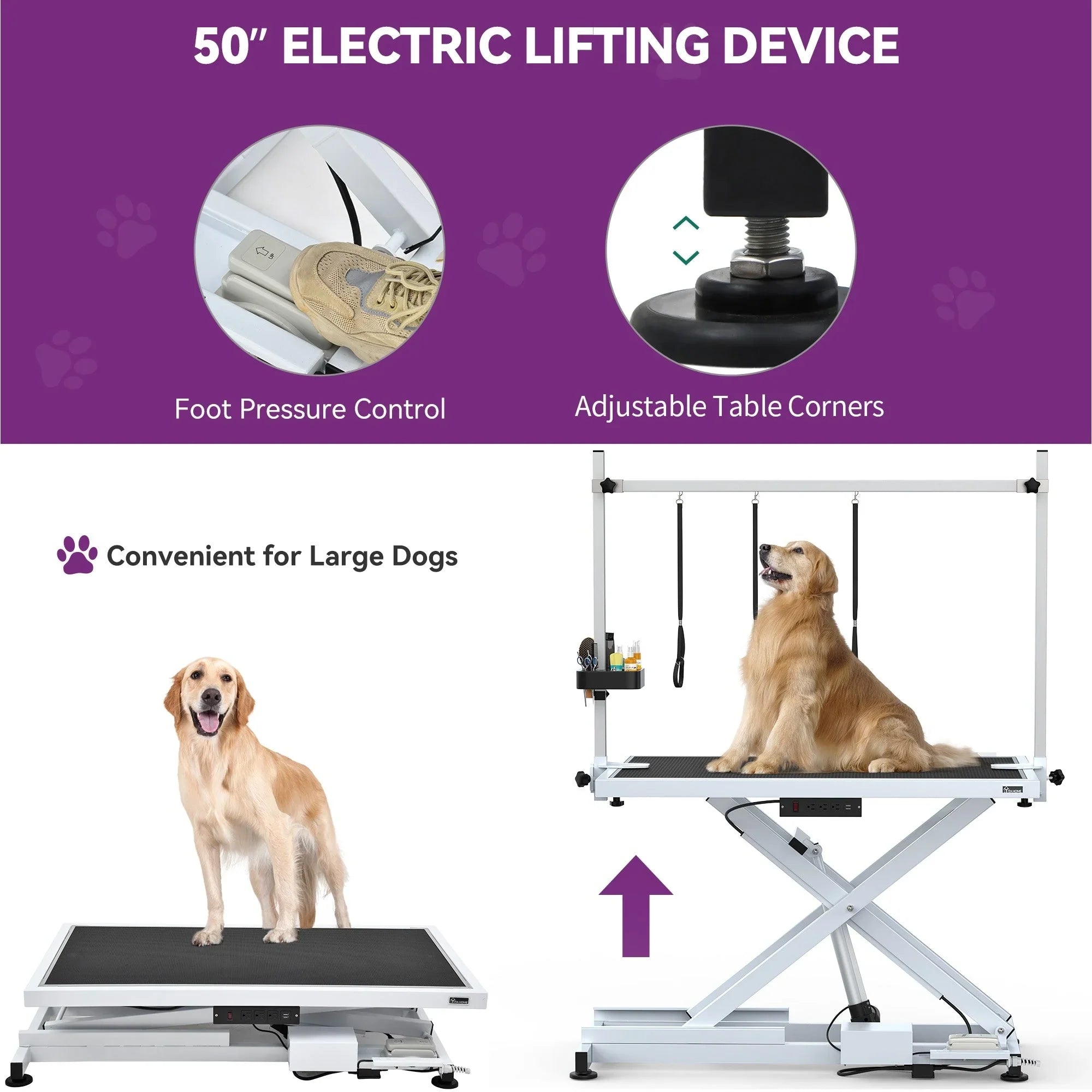Mesa profesional eléctrica para el cuidado de perros grandes - Mesa de peluquería para mascotas de alta resistencia con brazo de aseo de aluminio - 50'' Ancho