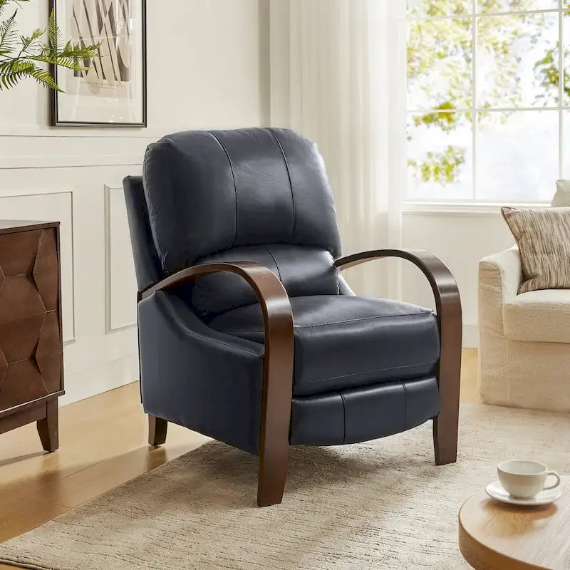 Sofá reclinable manual Alex Mid-century Modern Cigar de cuero genuino con brazos curvos de madera