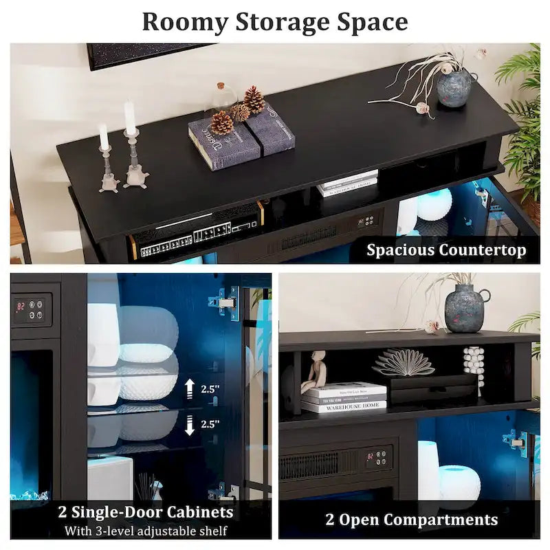 Mueble para TV con chimenea eléctrica, luces LED y mandos a distancia