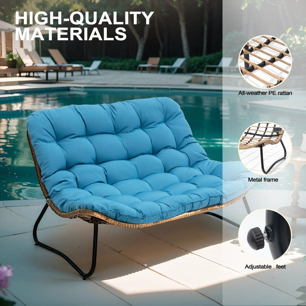Sofá biplaza doble Papasan con cojín, ratán PE para todo tipo de clima y estructura metálica para interior/exterior