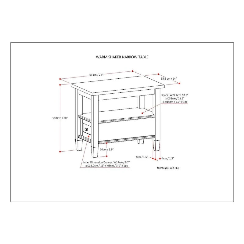 WYNDENHALL Norfolk Mesa auxiliar estrecha rectangular de madera maciza, estilo de transición, 14 pulgadas de ancho - 14 pulgadas de ancho