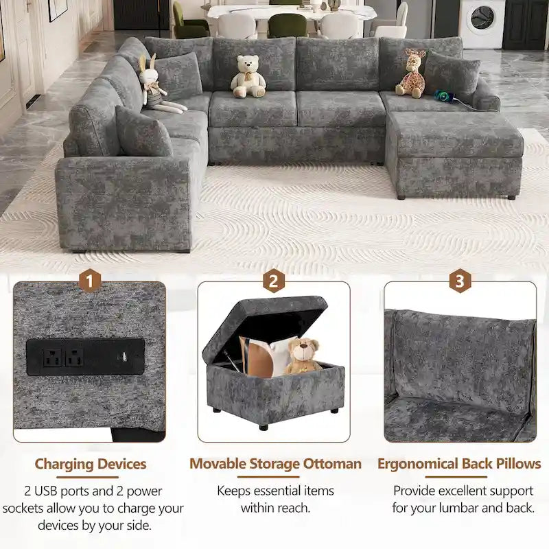 Sofá seccional de chenilla con sofá cama extraíble, sofá cama en forma de L con otomana de almacenamiento, 3 almohadas y dispositivos de carga