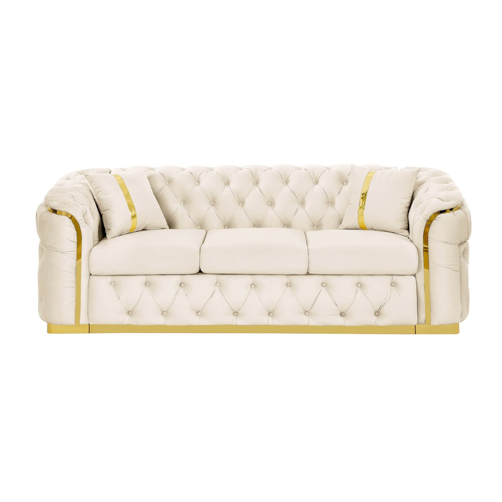 Sofá de 3 plazas Velvet de 90.6 con 2 cojines, cojines de alta densidad, detalles dorados y almohadas