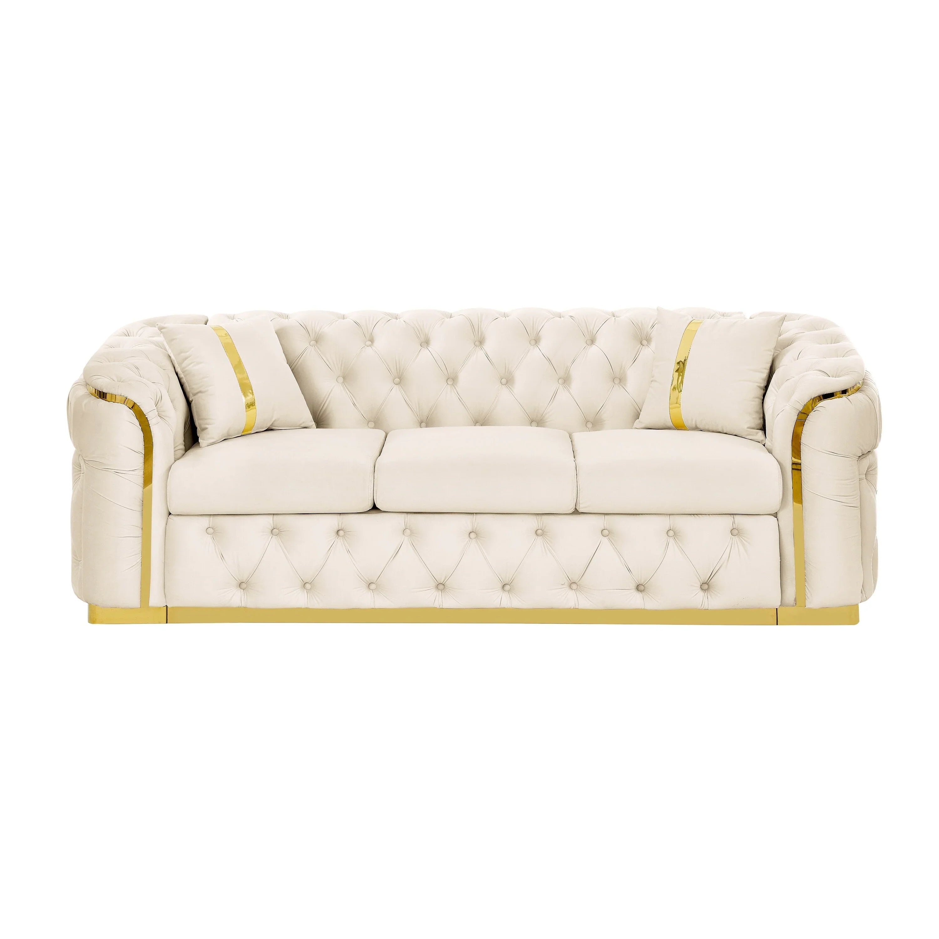Sofá de 3 plazas Velvet de 90.6 con 2 cojines, cojines de alta densidad, detalles dorados y almohadas