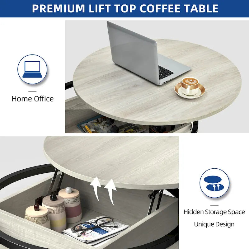 Mesa de centro redonda elevable Moasis Farmhouse con almacenamiento oculto y estante