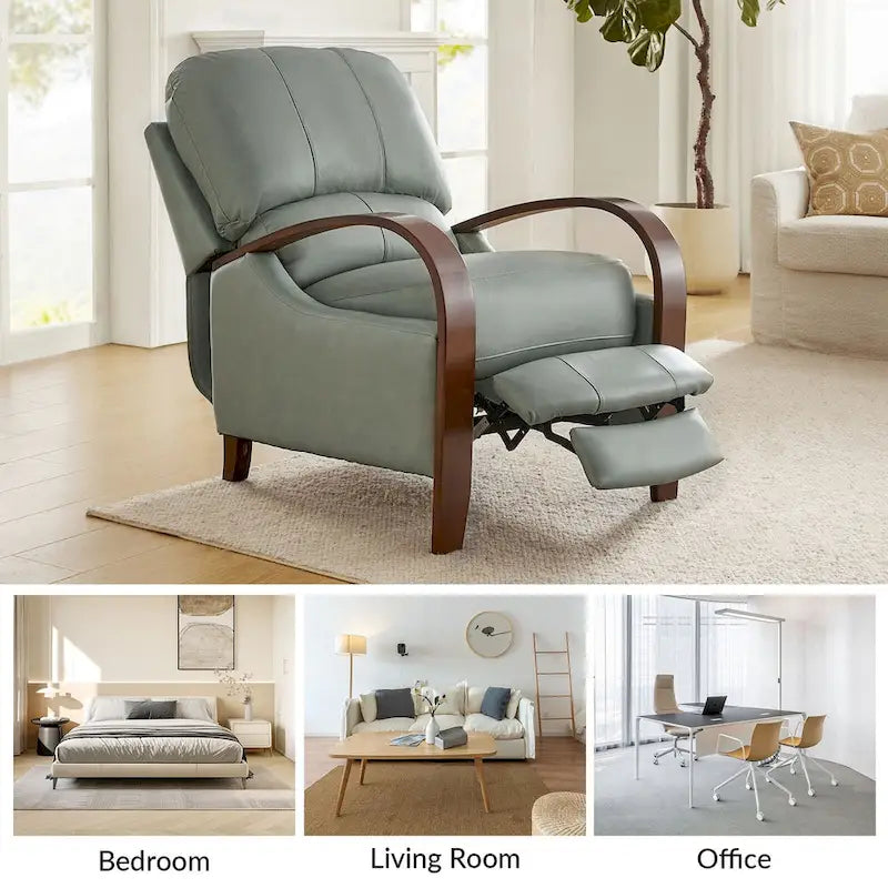 Sofá reclinable manual Alex Mid-century Modern Cigar de cuero genuino con brazos curvos de madera