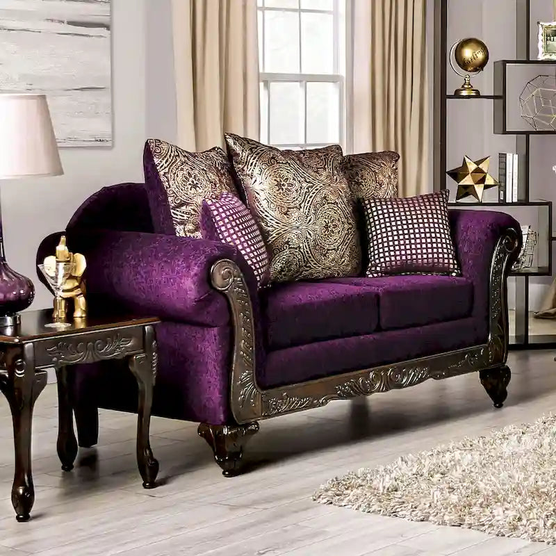 Sofá de dos plazas tradicional Grendel de chenilla morada con reposabrazos enrollados de Furniture of America