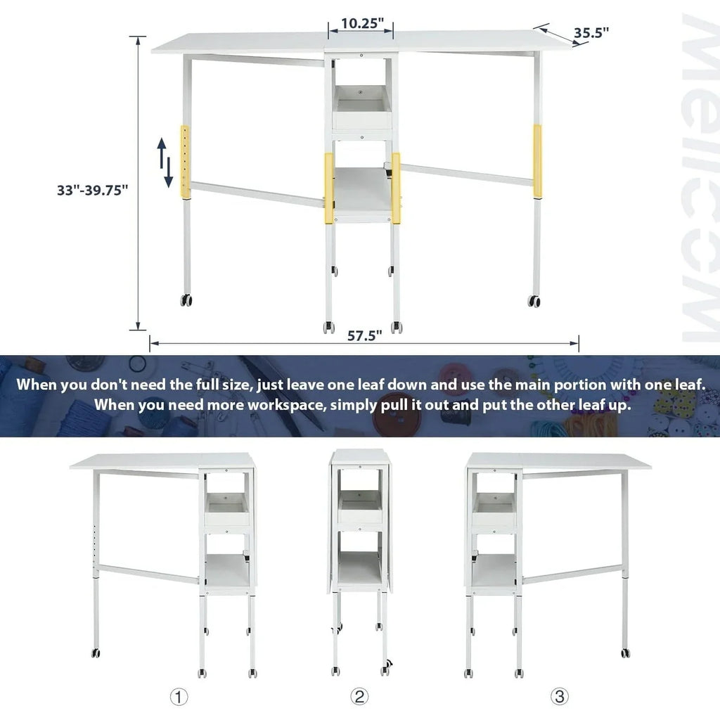 Mesa de manualidades ajustable en altura con estantes de almacenamiento, mesa de corte plegable móvil para oficina en casa, sala de costura, sala de manualidades