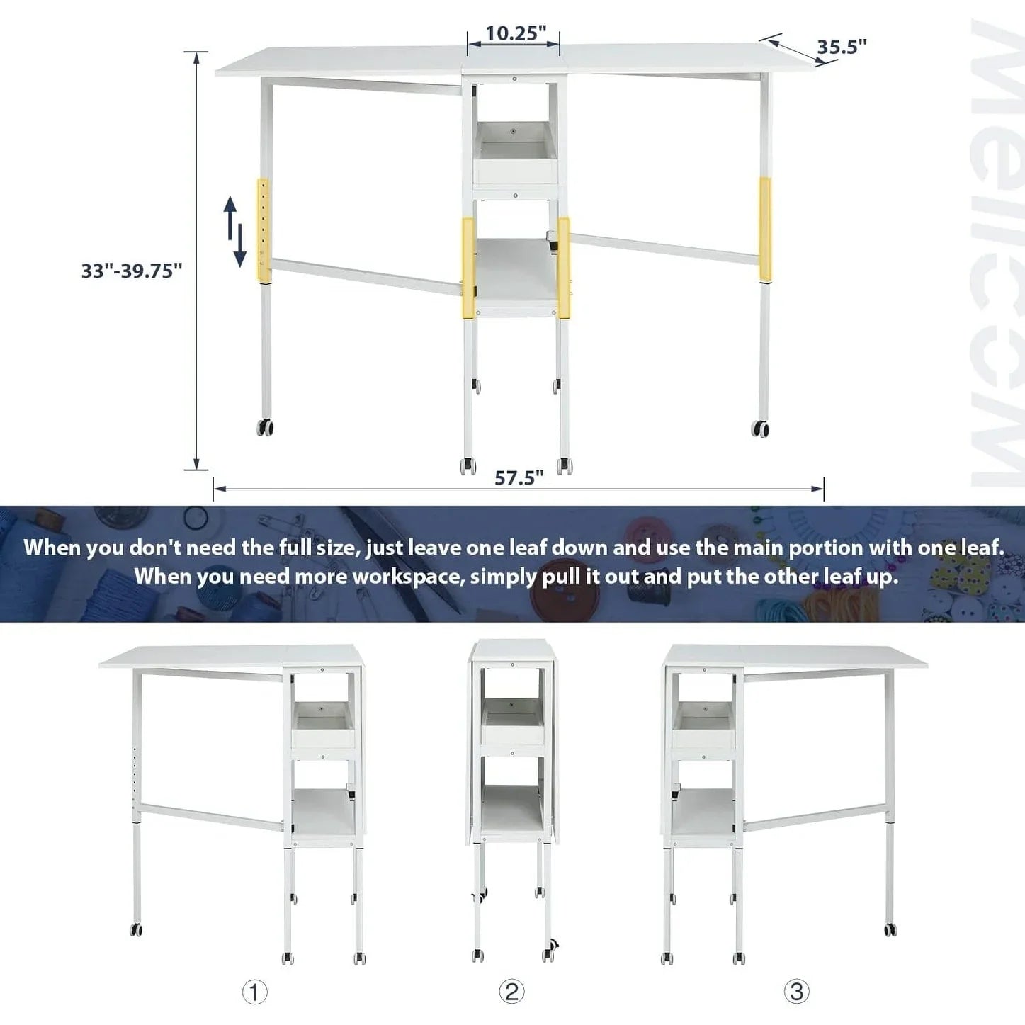 Mesa de manualidades ajustable en altura con estantes de almacenamiento, mesa de corte plegable móvil para oficina en casa, sala de costura, sala de manualidades