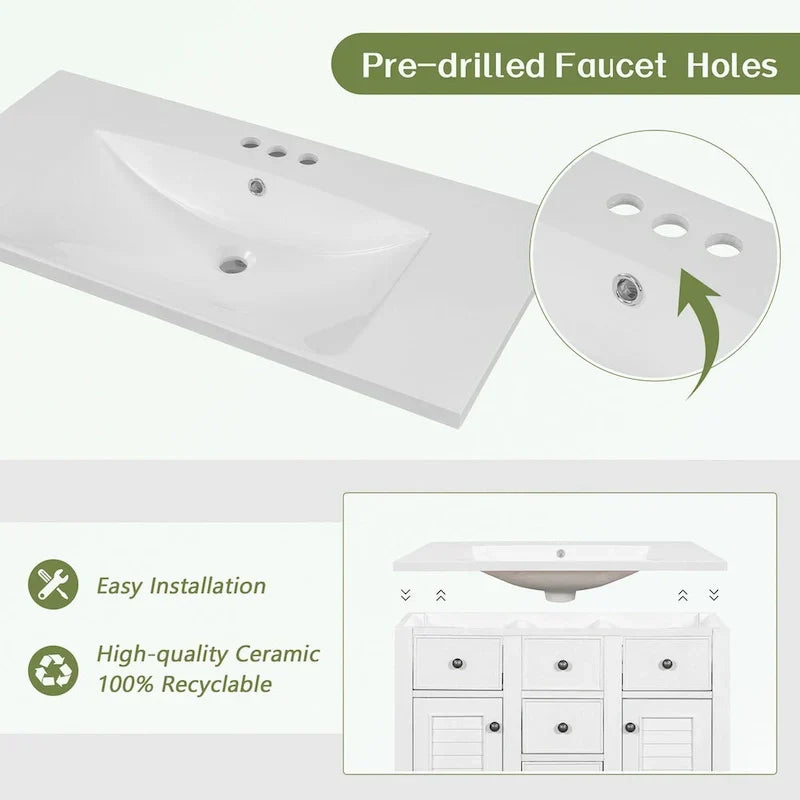 Mueble de baño con lavabo cerámico, dos armarios y cinco cajones