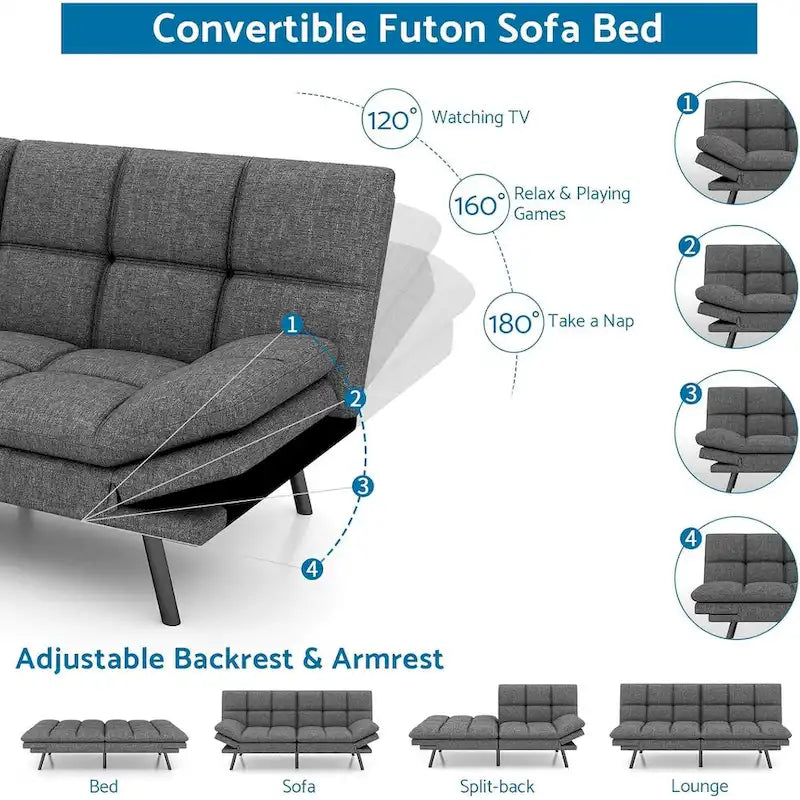 Sofá Cama Futón de Espuma Viscoelástica Convertible con Respaldo Dividido Ajustable para Espacios Pequeños