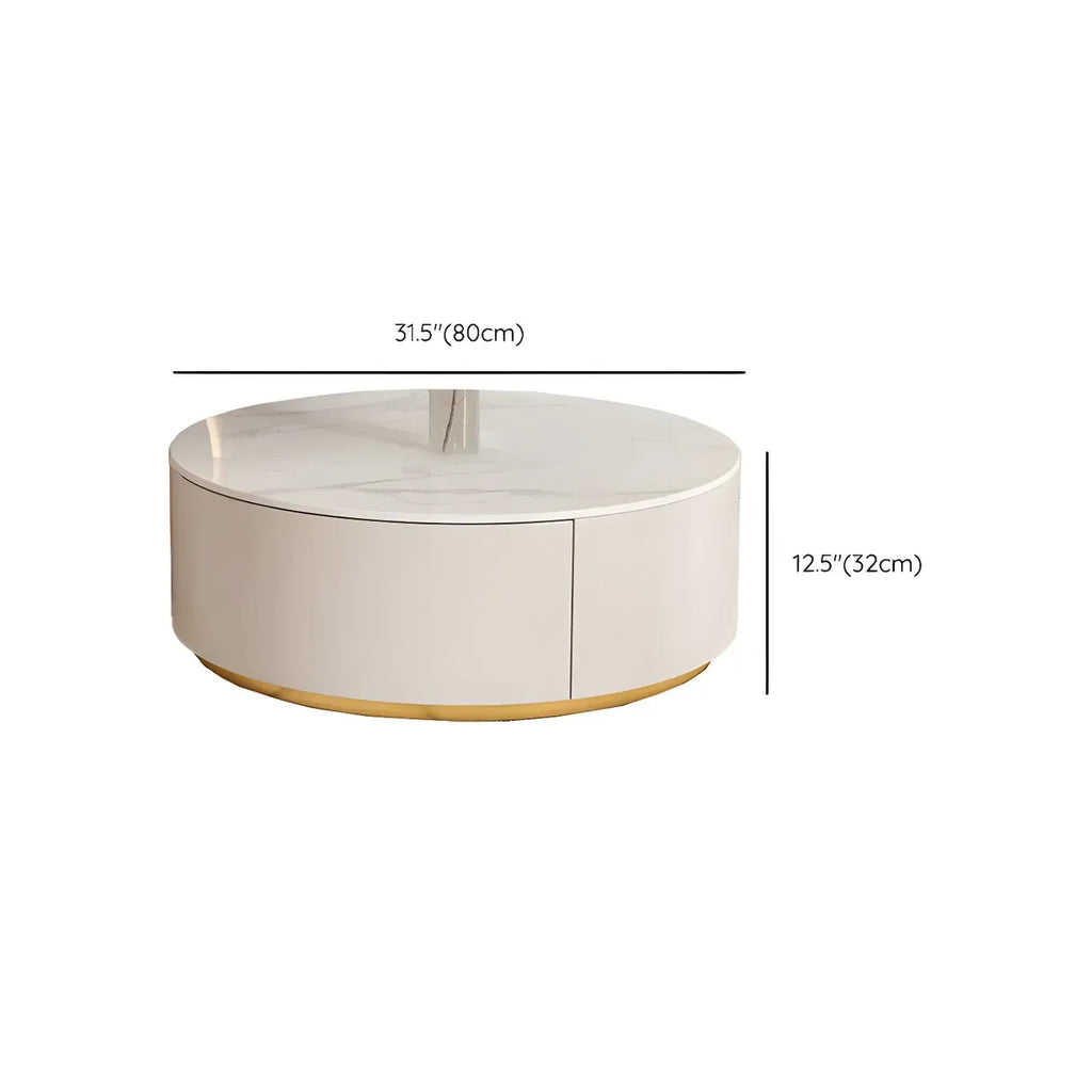 Mesa de centro redonda moderna blanca de madera con cajones tipo tambor