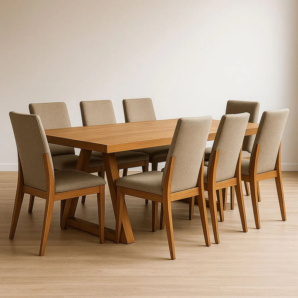 Conjunto de comedor rectangular de madera maciza y 8 sillas de tela beige