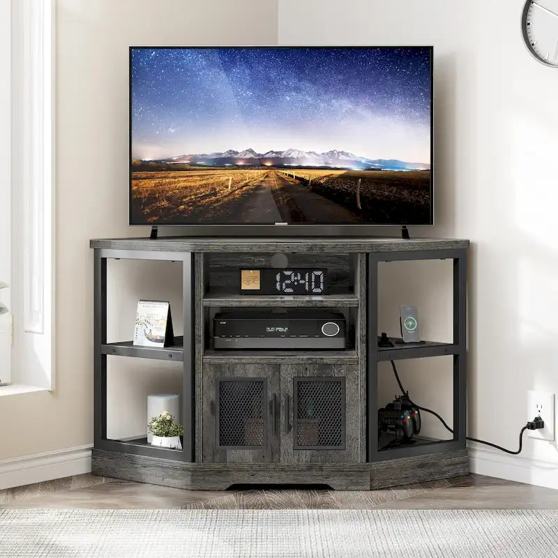 Mueble esquinero para TV estilo rústico, centro de entretenimiento y consola multimedia para televisores de hasta 55 pulgadas con toma de corriente