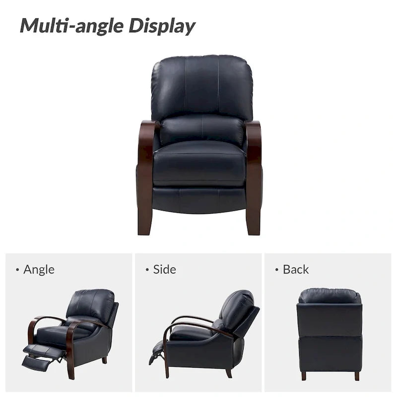 Sofá reclinable manual Alex Mid-century Modern Cigar de cuero genuino con brazos curvos de madera