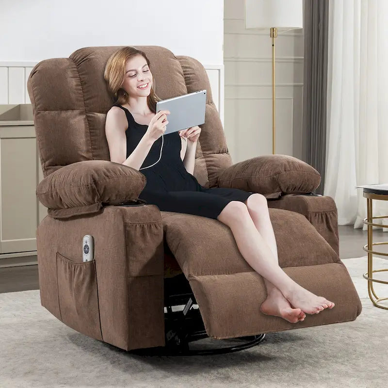 Reclinable extragrande gris con calor y masaje, reclinación de 150°, balanceo de 30°, carga USB y 2 portavasos