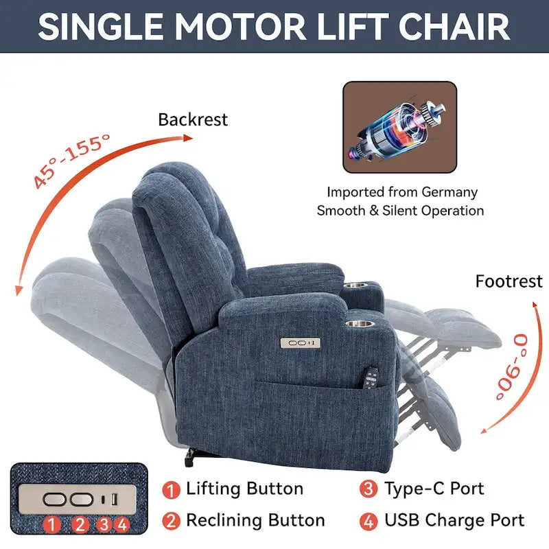 Sillón reclinable Power Lift con masaje y calor, reclinables anchos Lazy Boy extragrandes con USB, puertos tipo C y 2 portavasos de acero